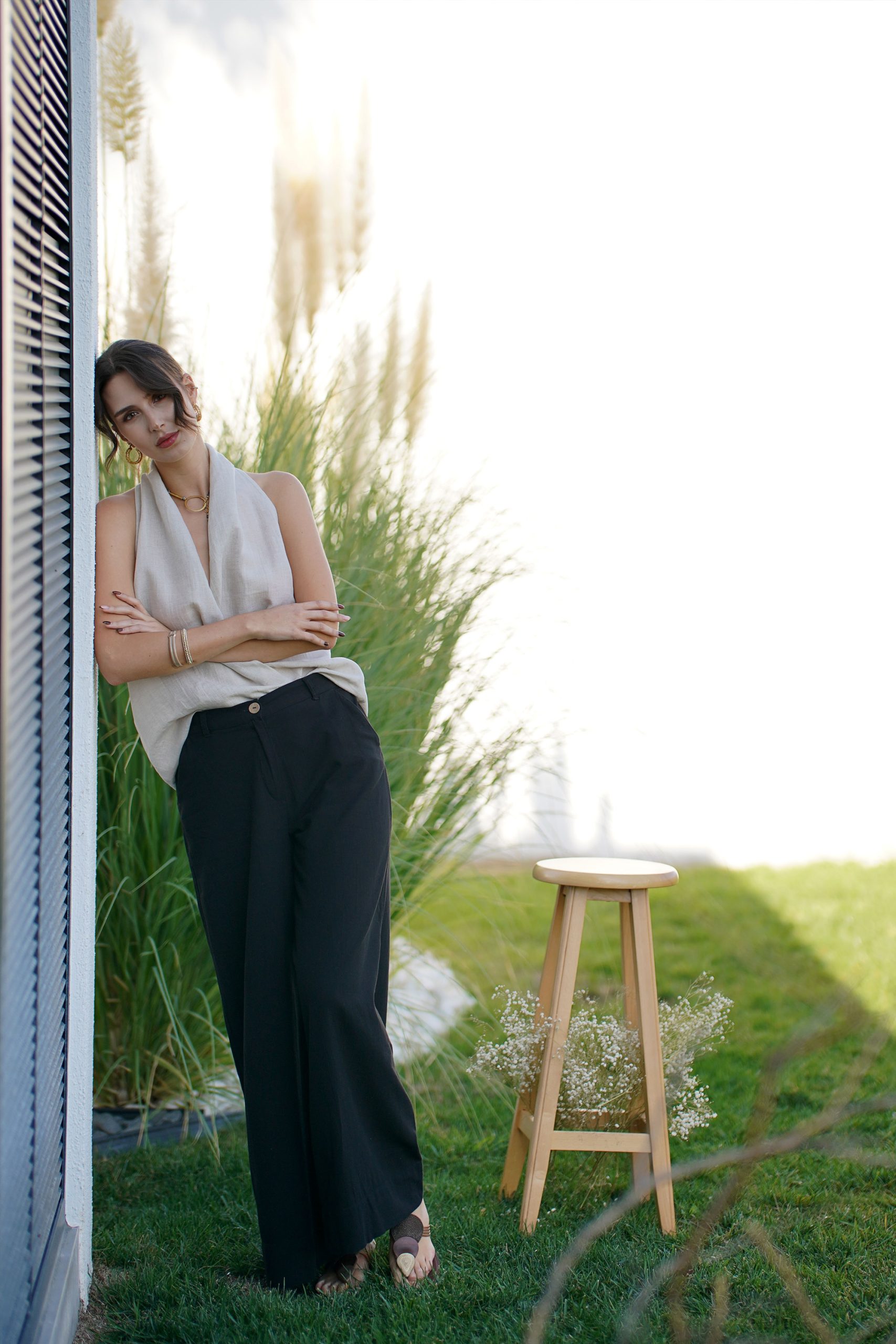 Halter Yaka Keten Bluz Natural dış çelim ön görseli